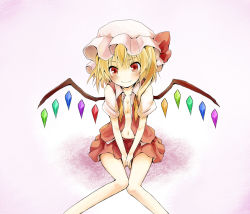 Rule 34 | 1girl, ascot, bad id, bad pixiv id, between legs, blonde hair, blush, bow, breasts, cleavage, fang, female focus, flandre scarlet, hand between legs, hat, highres, knees together feet apart, knees together feet apart, looking at viewer, mugi (banban53), navel, open clothes, open shirt, red eyes, ribbon, shirt, short hair, side ponytail, sitting, skirt, small breasts, smile, solo, embodiment of scarlet devil, touhou, wings