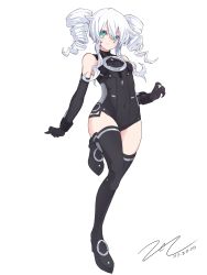 Rule 34 | 1girl, black gloves, black sister, black thighhighs, breasts, covered navel, dated, drill hair, elbow gloves, full body, gloves, green eyes, grey hair, highres, long hair, looking at viewer, neptune (series), scarlet zel, signature, simple background, small breasts, smile, solo, standing, standing on one leg, thighhighs, twin drills, white background