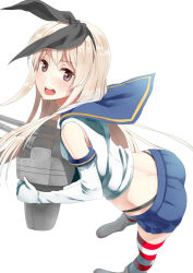 Rule 34 | 10s, 1girl, ass, b-ginga, blonde hair, blush, brown eyes, elbow gloves, gloves, hairband, kantai collection, long hair, looking at viewer, midriff, open mouth, personification, rensouhou-chan, shimakaze (kancolle), simple background, skirt, solo, striped clothes, striped thighhighs, thighhighs, white background