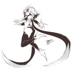 Rule 34 | 1girl, ass, breasts, character request, claws, dated, ejami, evelynn (league of legends), fingernails, greyscale, high heels, league of legends, long hair, looking at viewer, monochrome, panties, sharp fingernails, signature, simple background, solo, underwear, white background