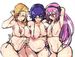 Rule 34 | 3girls, armpit hair, artist request, ass, bikini, blonde hair, blue hair, blush, breasts, colored armpit hair, colored pubic hair, glasses, green eyes, highres, large breasts, looking at viewer, multiple girls, naughty face, pink hair, pubic hair, red eyes, simple background, standing, sweat, swimsuit, take your pick, white background, yellow eyes
