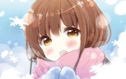 Rule 34 | 1girl, blush, brown eyes, brown hair, enpera, looking at viewer, open mouth, original, rougetsu, scarf, smile, snowflakes, solo