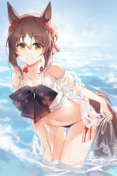 Rule 34 | 1girl, animal ears, baisi shaonian, bent over, bikini, breasts, brown hair, collarbone, fine motion (umamusume), folded ponytail, hair between eyes, hair ornament, highres, horse ears, horse girl, horse tail, navel, ocean, partially submerged, side-tie bikini bottom, sky, small breasts, smile, solo, swimsuit, tail, umamusume, water, yellow eyes