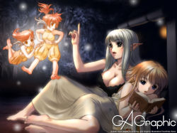 Rule 34 | 4girls, barefoot, blue eyes, book, breasts, brown hair, cleavage, elf, gagraphic, green eyes, large breasts, multiple girls, open book, pointy ears, ponytail, reading, red hair, sano toshihide, silver hair, wallpaper