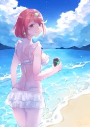 1girl beach bikini bikini_skirt breasts cloud cloudy_sky cup day earrings from_behind highres holding holding_cup jewelry large_breasts looking_at_viewer looking_back mirin. nintendo outdoors pyra_(xenoblade) red_eyes red_hair short_hair sky smile solo swept_bangs swimsuit tiara white_bikini xenoblade_chronicles_(series) xenoblade_chronicles_2