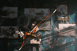 Rule 34 | 1girl, arms at sides, arrow (projectile), bow (weapon), brown coat, coat, commentary, english commentary, from behind, highres, huge weapon, indoors, large weapon, long sleeves, original, photo (object), shorts, solo, standing, sunlight, weapon, yun ling