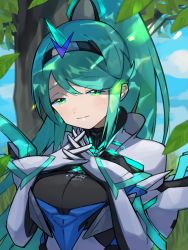 Rule 34 | 1girl, asagi1111, breasts, chest jewel, earrings, gem, gloves, greek text, green eyes, green hair, headpiece, highres, jewelry, large breasts, long hair, pneuma (xenoblade), ponytail, solo, swept bangs, tiara, very long hair, xenoblade chronicles (series), xenoblade chronicles 2