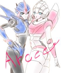 Rule 34 | akycoo, arcee, arcee (prime), ass, autobot, blue eyes, character name, hand on own hip, looking to the side, mecha, multiple persona, no humans, non-humanoid robot, robot, transformers, transformers prime, white background