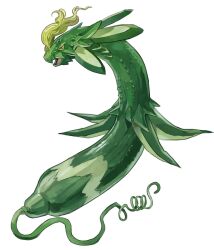 Rule 34 | animal focus, cucumber, dragon, floating, food focus, from side, full body, highres, kumakoro (tetsupag), no humans, open mouth, original, profile, red eyes, simple background, white background