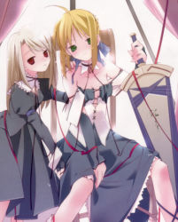 Rule 34 | 00s, 2girls, ahoge, alternate costume, artoria pendragon (all), artoria pendragon (fate), black dress, blonde hair, breasts, chair, cleavage, corset, curtains, dress, duplicate, fate/stay night, fate (series), footwear ribbon, full body, green eyes, holding, holding sword, holding weapon, illyasviel von einzbern, indoors, long hair, looking at viewer, lowres, multiple girls, petticoat, red eyes, ribbon, ruroo, saber (fate), sitting, small breasts, standing, sword, weapon, window