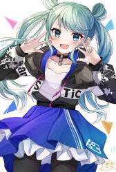 Rule 34 | 1girl, :d, absurdres, black choker, black pantyhose, blue skirt, blush, choker, collarbone, cowboy shot, dot nose, double w, dutch angle, green eyes, green hair, green nails, hair rings, hatsune miku, highres, hood, hood down, hooded jacket, jacket, long sleeves, looking at viewer, nail polish, noneon319, o-ring, o-ring choker, open clothes, open jacket, open mouth, pantyhose, petticoat, pleated skirt, print jacket, project sekai, raised eyebrows, sidelocks, signature, simple background, skirt, smile, solo, swept bangs, twintails, unzipped, vivid bad squad miku, vocaloid, w, white background