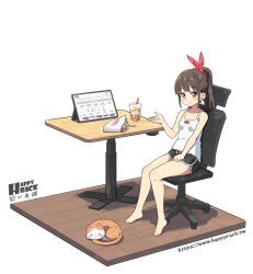 Rule 34 | 1girl, animal, bare arms, bare shoulders, barefoot, black shorts, blush, brown eyes, brown hair, camisole, cat, chair, closed mouth, commentary request, cup, disposable cup, drinking straw, food, hair ribbon, hand up, hatsunatsu, looking at viewer, office chair, on chair, original, ponytail, red ribbon, ribbon, short shorts, shorts, simple background, sitting, smile, solo, swivel chair, table, watermark, web address, white background, white camisole, wooden floor