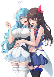 Rule 34 | absurdres, ahoge, bare shoulders, blue hair, blue vest, bow, bowtie, breasts, brown hair, closed eyes, collared shirt, cropped shirt, cropped vest, diamond hair ornament, dress, elf, flower, hair flaps, hair flower, hair ornament, hair ribbon, hairclip, highres, hololive, idol, large breasts, long hair, midriff, mikan (chipstar182), nail polish, navel, neck ribbon, one eye closed, open mouth, pointy ears, red bow, red bowtie, red ribbon, ribbon, shirt, skirt, sleeveless, sleeveless shirt, star (symbol), star hair ornament, thigh strap, thighhighs, tokino sora, tokino sora (1st costume), vest, virtual youtuber, wrist cuffs, yellow eyes, yukihana lamy
