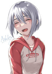 Rule 34 | 1girl, ^ ^, another code, another code recollection, ashley mizuki robbins, blush, character name, closed eyes, happy, highres, open mouth, rei rei 9, short hair, simple background, sweater, white hair