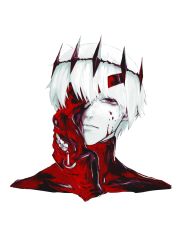 Rule 34 | 1boy, alternate color, blood, blood on face, blue eyes, bodysuit, commentary request, covered collarbone, cropped shoulders, crown, expressionless, grey eyes, highres, kaneki ken, looking at viewer, male focus, mask, unworn mask, one eye covered, pale skin, red bodysuit, red mask, sanoi (giraffe), short hair, simple background, solo, tokyo ghoul, tokyo ghoul:re, white background, white hair, zipper, zipper pull tab