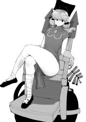 Rule 34 | 1girl, character request, commission, copyright request, dress, facing viewer, full body, gloves, greyscale, highres, crossed legs, looking at viewer, monochrome, norman maggot, sitting, solo