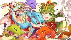 Rule 34 | 1girl, carrot, company name, copyright name, dragalia lost, dragon, fire emblem, fire emblem: mystery of the emblem, fire emblem heroes, green eyes, green hair, holding, long hair, nintendo, official art, one eye closed, open mouth, pointy ears, tiara, tiki (fire emblem), tiki (young) (fire emblem)