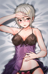 Rule 34 | 1girl, absurdres, arm up, armpits, bed sheet, black panties, bow, bow bra, bow panties, bra, breasts, cleavage, clothes lift, dress, flashing, hand on own face, hear (kpmf4732), highres, idolmaster, idolmaster cinderella girls, idolmaster cinderella girls starlight stage, lingerie, lying, nail polish, navel, nightgown, on back, on bed, panties, purple dress, see-through, shiomi syuko, shirt lift, short hair, silver hair, underwear