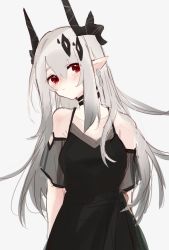 Rule 34 | 1girl, ambience synesthesia, arknights, arms behind back, bare shoulders, black choker, black dress, blush, choker, closed mouth, collarbone, cowboy shot, detached sleeves, dress, earrings, hair ornament, head tilt, highres, horns, jewelry, long hair, looking at viewer, mudrock (arknights), mudrock (obsidian) (arknights), official alternate costume, pointy ears, red eyes, shinogu ao, short sleeves, silver hair, single earring, solo