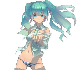 Rule 34 | 1girl, aqua eyes, aqua hair, bare shoulders, hatsune miku, highres, long hair, midriff, navel, necktie, panties, proyumer, simple background, smile, solo, striped clothes, striped panties, thighhighs, twintails, underwear, vocaloid