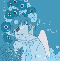 Rule 34 | 1girl, blue flower, blue hair, blue neckerchief, closed mouth, colored inner hair, dot mouth, fish, flower, hair flower, hair ornament, head tilt, highres, jitome, long hair, looking at viewer, multicolored hair, neckerchief, one eye closed, original, pale skin, plant, ringed eyes, sailor collar, school uniform, serafuku, shirt, sidelocks, solo, sparkle, sskitaco, upper body, white hair, white sailor collar, white shirt, white wings, wings