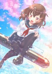 Rule 34 | 1girl, anchor symbol, black sailor collar, black skirt, black thighhighs, blue sky, brown eyes, brown hair, commentary request, hair ornament, hairclip, ikazuchi (kancolle), kantai collection, kaori (mamuru18), making-of available, one-hour drawing challenge, pink clouds, pleated skirt, sailor collar, school uniform, serafuku, short hair, sitting, skirt, sky, smile, solo, splashing, thighhighs, torpedo, type 95 torpedo, upper body, water