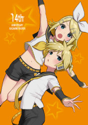 Rule 34 | 1boy, 1girl, :o, absurdres, ahoge, anniversary, armpits, bare shoulders, belt, black legwear, black sailor collar, black shorts, blonde hair, blue eyes, blush, brother and sister, character name, collarbone, cowboy shot, crop top, cropped shirt, detached sleeves, flat chest, hair between eyes, hair ornament, hair ribbon, hairclip, headphones, highres, kagamine len, kagamine rin, leg warmers, looking at viewer, midriff, navel, neckerchief, necktie, nishikino kee, open mouth, orange background, outstretched arms, ribbon, sailor collar, shirt, short hair, short shorts, short sleeves, shorts, siblings, sidelocks, simple background, sleeveless, sleeveless shirt, standing, standing on one leg, star (symbol), starry background, swept bangs, treble clef, triangle mouth, twins, vocaloid, white ribbon, white shirt, yellow belt, yellow neckerchief, yellow necktie