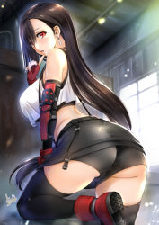 Rule 34 | 1girl, ass, asymmetrical bangs, bike shorts, black gloves, black hair, black skirt, black thighhighs, blush, breasts, cameltoe, commentary request, crop top, crop top overhang, dangle earrings, earrings, elbow gloves, elbow pads, final fantasy, final fantasy vii, final fantasy vii remake, finger to own chin, fingerless gloves, from behind, gloves, jewelry, large breasts, lips, long hair, looking back, low-tied long hair, mitarashi kousei, parted lips, pencil skirt, red eyes, red gloves, shorts, shorts under skirt, signature, skindentation, skirt, solo, sparkle, sports bra, square enix, suspenders, tank top, thighhighs, thighs, tifa lockhart, upskirt, very long hair, white tank top