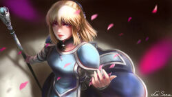 Rule 34 | 1girl, armor, armor under clothes, artist name, blonde hair, blue eyes, bob cut, closed mouth, commentary, earrings, english commentary, from above, gensou suikoden, gensou suikoden iii, hair between eyes, hair ornament, half updo, hand up, highres, holding, holding petal, holding staff, jewelry, la-sera, lipstick, long sleeves, looking at viewer, makeup, motion blur, pauldrons, petals, plate armor, red lips, sarah (suikoden iii), short hair, shoulder armor, solo, staff, standing, vambraces, wind
