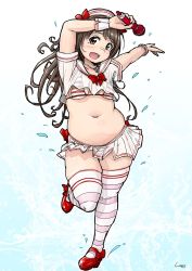 Rule 34 | 1girl, arm up, blush, bow, bra, breasts, brown eyes, brown hair, character request, commentary request, copyright request, crop top, footwear bow, full body, hair bow, hat, head tilt, highres, jewelry, long hair, looking at viewer, looking to the side, medium breasts, miniskirt, navel, necklace, open mouth, pleated skirt, plump, red footwear, sailor collar, sailor hat, see-through, see-through shirt, shigekikkusu, short sleeves, signature, skirt, solo, standing, standing on one leg, string bra, striped bra, striped clothes, striped skirt, striped thighhighs, striped wrist cuffs, thick thighs, thighhighs, thighs, underwear, wrist cuffs