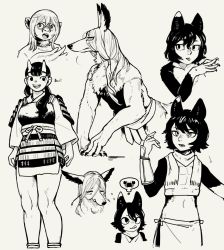 Rule 34 | 1boy, 3girls, :q, animal ears, arm guards, arm support, armor, arms at sides, bare shoulders, cat ears, cat girl, chipped tooth, crab, dungeon meshi, closed eyes, female orc, fingernails, furry, furry male, hair around ear, hair between eyes, hair over shoulder, hair tubes, hand up, highres, horns, hungry, inutade, izutsumi, japanese armor, japanese clothes, jewelry, kimono, kusazuri, leed (dungeon meshi), long hair, long sleeves, looking at viewer, lycion, medium hair, midriff, miniskirt, mole, mole under eye, monochrome, monster boy, multiple girls, multiple views, necklace, nude, oni, oni horns, open mouth, orc, outstretched arm, portrait, profile, scarf, sharp fingernails, short hair, short kimono, shoulder armor, sideways glance, simple background, sketch, skirt, sleeveless, sode, spoken animal, standing, thought bubble, toki reatle, tongue, tongue out, topless male, twintails, werewolf, wet, wet hair, wolf boy