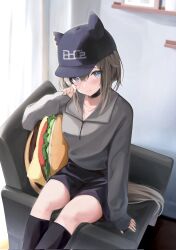Rule 34 | alternate costume, animal ear headwear, animal ears, arm support, black choker, black headwear, black pants, black socks, blush, brown hair, butterwabito, cheval grand (umamusume), choker, closed mouth, collarbone, commentary request, couch, fake animal ears, grey shirt, highres, horse ears, horse girl, horse tail, indoors, long sleeves, multicolored hair, on couch, pants, shirt, short hair, short hair with long locks, sitting, sleeves past wrists, socks, solo, streaked hair, tail, umamusume, white hair