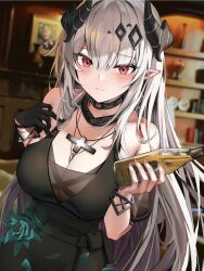 Rule 34 | 1girl, arknights, bare shoulders, black dress, black gloves, blush, bottle, bracelet, breasts, cleavage, closed mouth, collar, dress, gloves, green flower, grey hair, hair ornament, highres, holding, holding bottle, horns, infection monitor (arknights), jewelry, large breasts, long hair, looking at viewer, mudrock (arknights), mudrock (obsidian) (arknights), necklace, official alternate costume, pointy ears, red eyes, see-through, single glove, skydrop, sleeveless, sleeveless dress, smile, solo, upper body, very long hair