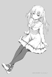 Rule 34 | 1girl, ankle strap, arms at sides, blunt bangs, blush, breasts, closed mouth, dress, frilled shirt collar, frills, full body, grey background, greyscale, hair ornament, hair scrunchie, highres, himitsu (hi mi tsu 2), invisible chair, legs together, long hair, long sleeves, looking at viewer, mary janes, medium breasts, monochrome, original, pantyhose, sash, scrunchie, shoes, simple background, sitting, smile, solo, tareme, twitter username, two side up, weibo watermark