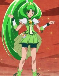 Rule 34 | 10s, 1girl, arms up, bike shorts, boots, bow, compact (cosmetics), cure march, dress, green eyes, green hair, hair ornament, highres, long hair, matching hair/eyes, midorikawa nao, open mouth, precure, red background, ribbon, screencap, smile precure!, solo, stitched, surprised, third-party edit, tiara, tri tails, very long hair, wrist cuffs