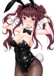 Rule 34 | 1girl, alternate hairstyle, animal ears, bare shoulders, black leotard, black pantyhose, blush, bow, bowtie, breasts, bunching hair, cleavage, coffeedog, commentary request, cowboy shot, detached collar, fake animal ears, girls&#039; frontline, groin, hair ribbon, half updo, highres, large breasts, leotard, long hair, looking at viewer, one side up, open mouth, pantyhose, playboy bunny, purple hair, rabbit ears, rabbit tail, red eyes, ribbon, shiny skin, simple background, solo, tail, tsurime, very long hair, wa2000 (girls&#039; frontline), wrist cuffs