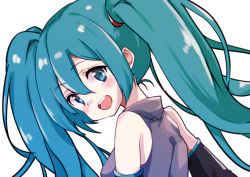 Rule 34 | 1girl, 3774., aqua eyes, aqua hair, bare shoulders, black sleeves, blush, commentary, detached sleeves, from behind, grey shirt, hatsune miku, long hair, looking at viewer, looking back, open mouth, shirt, sleeveless, sleeveless shirt, smile, solo, twintails, upper body, vocaloid, white background