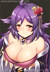 Rule 34 | 1girl, ahoge, animal ears, azur lane, bare shoulders, blush, breasts, brown eyes, cleavage, commentary request, flower, go-it, hair flower, hair ornament, houshou (azur lane), japanese clothes, kimono, large breasts, long hair, looking at viewer, off shoulder, purple hair, smile, solo, watermark, web address