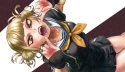 1girl, 4o080 yotabnc, bangs, black serafuku, blonde hair, blunt bangs, boku no hero academia, brown background, commentary request, double bun, fangs, fingers to mouth, highres, messy hair, open mouth, pleated skirt, school uniform, serafuku, short hair, skirt, solo, teeth, toga himiko, two-tone background, white background, yellow eyes, yellow neckwear