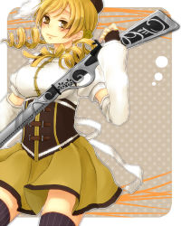Rule 34 | 10s, 1girl, bad id, bad pixiv id, beret, blonde hair, breasts, chiroron, corset, detached sleeves, drill hair, fingerless gloves, gloves, gun, hair ornament, hat, large breasts, magical girl, magical musket, mahou shoujo madoka magica, mahou shoujo madoka magica (anime), pleated skirt, puffy sleeves, rifle, skirt, smile, solo, thighhighs, tomoe mami, weapon, yellow eyes, zettai ryouiki