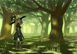 Rule 34 | 1girl, belt, black dress, black eyes, black skirt, blonde hair, boots, commentary request, dress, forest, gloves, grass, green theme, hat, hat belt, highres, holding, holding hat, house, large belt, long hair, looking at viewer, looking back, nature, original, red ribbon, ribbon, skirt, solo, standing, tree, wasabi60, witch hat