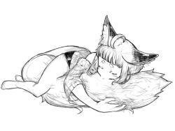Rule 34 | 1girl, ahoge, animal ear fluff, animal ears, barefoot, bike shorts, closed eyes, facing viewer, fox ears, fox girl (jaco), fox tail, full body, greyscale, hugging own tail, hugging tail, jaco, large tail, long sleeves, lying, monochrome, off-shoulder sweater, off shoulder, on side, original, short eyebrows, simple background, sketch, solo, sweater, tail, thick eyebrows, white background