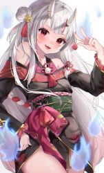 Rule 34 | 1girl, :d, absurdres, bell, black kimono, blush, breasts, fang, floral print, frilled sleeves, frills, grey hair, hair bell, hair bun, hair ornament, hand on own hip, hand up, highres, hitodama, hololive, horns, japanese clothes, jingle bell, kimono, long sleeves, looking at viewer, multicolored hair, nakiri ayame, nakiri ayame (1st costume), nichino, obi, off shoulder, oni, open mouth, print kimono, red eyes, red hair, sash, single hair bun, skin-covered horns, small breasts, smile, solo, streaked hair, virtual youtuber, w