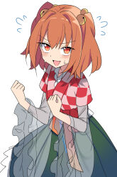 Rule 34 | 1girl, blush, checkered clothes, e.o., flying sweatdrops, frilled sleeves, frills, green skirt, hair between eyes, highres, looking at viewer, motoori kosuzu, open mouth, red eyes, red hair, see-through, see-through sleeves, short hair, simple background, skirt, solo, touhou, two side up, white background, wide sleeves
