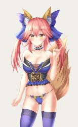Rule 34 | 1girl, adapted costume, animal ear fluff, animal ears, bad id, bad pixiv id, bare arms, bare shoulders, blue bow, blue panties, blue thighhighs, blush, bnari, bow, breasts, cameltoe, choker, cleavage, collarbone, cowboy shot, crop top, detached collar, fate/extra, fate (series), fox ears, fox girl, fox tail, gluteal fold, gold trim, groin, hair bow, hand up, highres, index finger raised, large breasts, lingerie, long hair, looking at viewer, navel, no pants, panties, pink hair, sidelocks, smile, solo, standing, stomach, strapless, string panties, tail, tail raised, tamamo (fate), tamamo no mae (fate/extra), thighhighs, thighs, twintails, underbust, underwear, yellow eyes