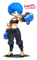 Rule 34 | 1girl, afro, big hair, black pants, black sports bra, blue eyes, blue gloves, blue hair, boxing gloves, breasts, commentary, copyright name, dreaminerryday, elbow pads, english commentary, full body, gloves, grin, highres, knee pads, medium breasts, midriff, navel, pants, rumbleverse, shoes, smile, sneakers, solo, sports bra, standing, thumbs down, yellow footwear, yoga pants