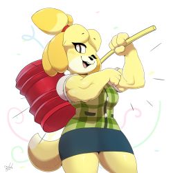 Rule 34 | 1girl, absurdres, animal crossing, animal ears, arm up, artist name, black eyes, blonde hair, blue skirt, blush, cewljoke, cowboy shot, dated, dog ears, dog girl, dog tail, female focus, furry, furry female, green vest, hair tie, hammer, hand up, happy, highres, holding, holding weapon, huge weapon, isabelle (animal crossing), light blush, miniskirt, muscular, muscular female, nintendo, one eye closed, open mouth, pencil skirt, shiny skin, shirt, short hair, short sleeves, signature, simple background, skirt, smile, solo, standing, super smash bros., tail, teeth, topknot, vest, weapon, white background, white shirt, wink