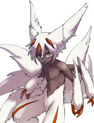 Rule 34 | 1boy, black skin, colored skin, extra arms, faputa, fur, genderswap, genderswap (ftm), head wings, highres, made in abyss, male focus, monster boy, navel, simple background, solo, topless male, white background, white hair, wings, zattairattt