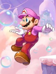 Rule 34 | 1boy, :o, blowing bubbles, blue eyes, brown footwear, brown hair, bubble, bubble mario, buttons, cloud, facial hair, floating, full body, gloves, hand up, hat, highres, light rays, long sleeves, male focus, mario, mario (series), mustache, nintendo, open mouth, overalls, pants, parted lips, pink hat, pink shirt, purple sky, red overalls, red pants, shirt, shoes, short hair, sky, solo, super mario bros. wonder, white gloves, ya mari 6363
