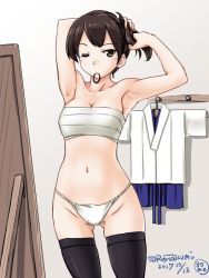 Rule 34 | 1girl, armpits, black hair, black thighhighs, breasts, brown eyes, cleavage, unworn clothes, cowboy shot, dated, fundoshi, gluteal fold, japanese clothes, kaga (kancolle), kantai collection, looking at viewer, mirror, mouth hold, one eye closed, sarashi, solo, standing, tatsumi ray, thighhighs, twitter username